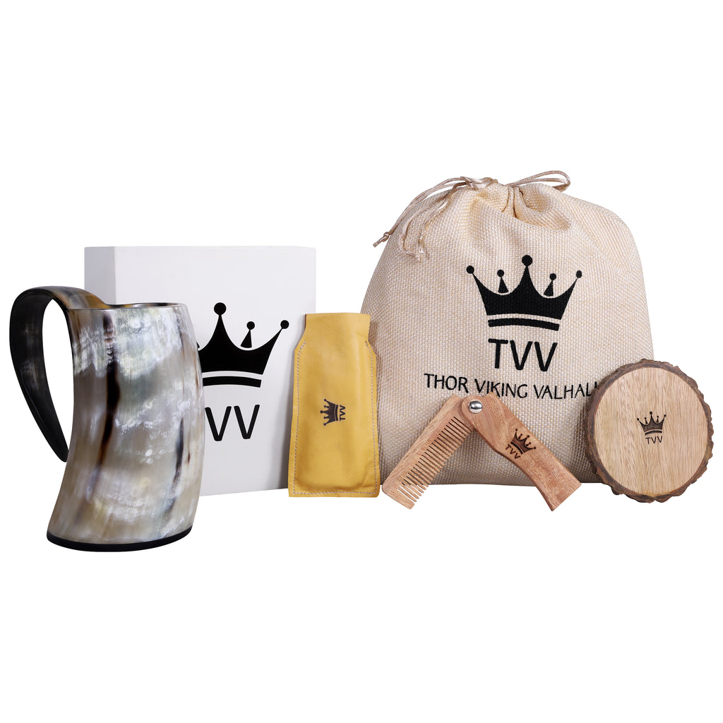 Viking Ox Horn Mug Set with Wooden Comb and Coaster, Groomsmen Gift