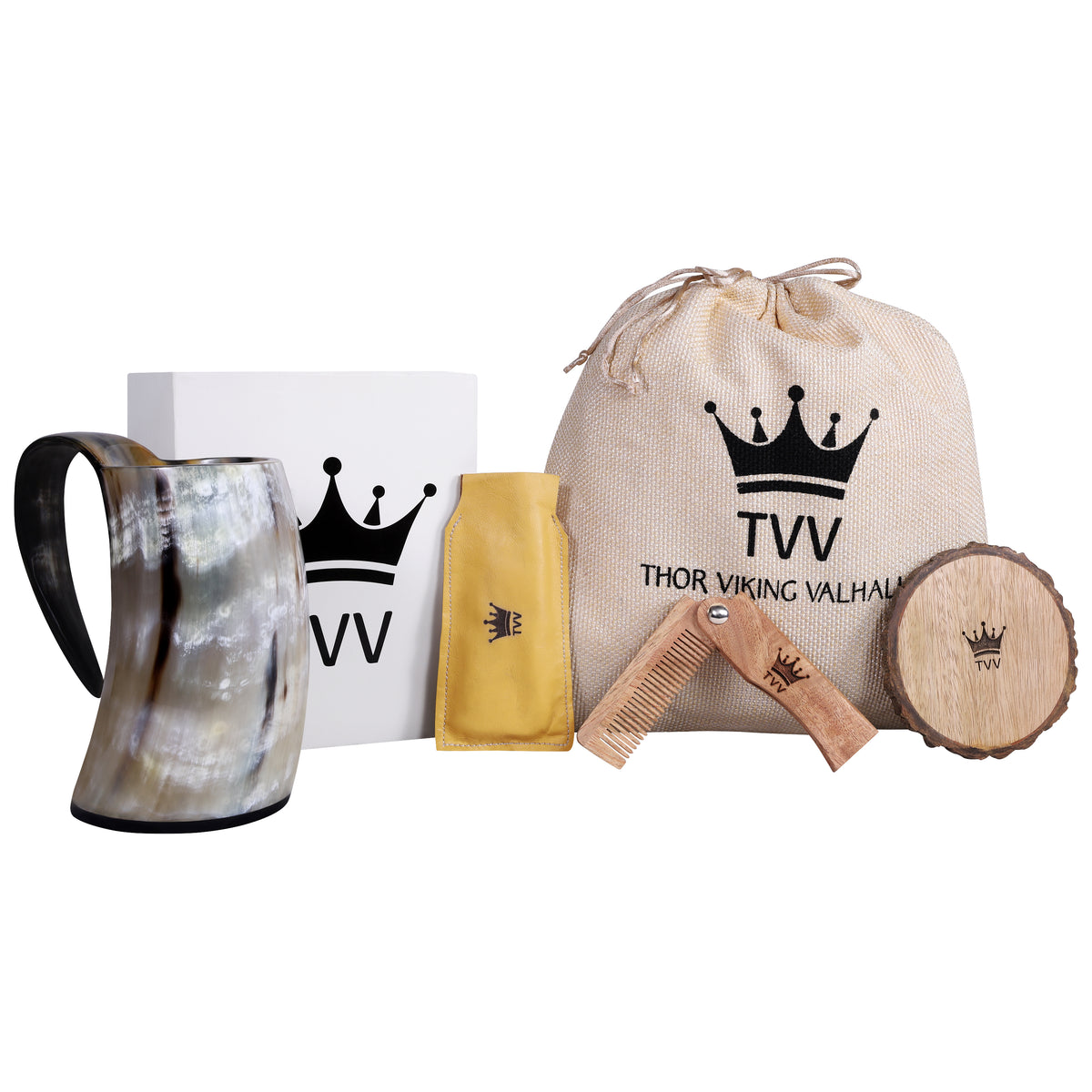 Viking Ox Horn Mug Set with Wooden Comb and Coaster, Groomsmen Gift
