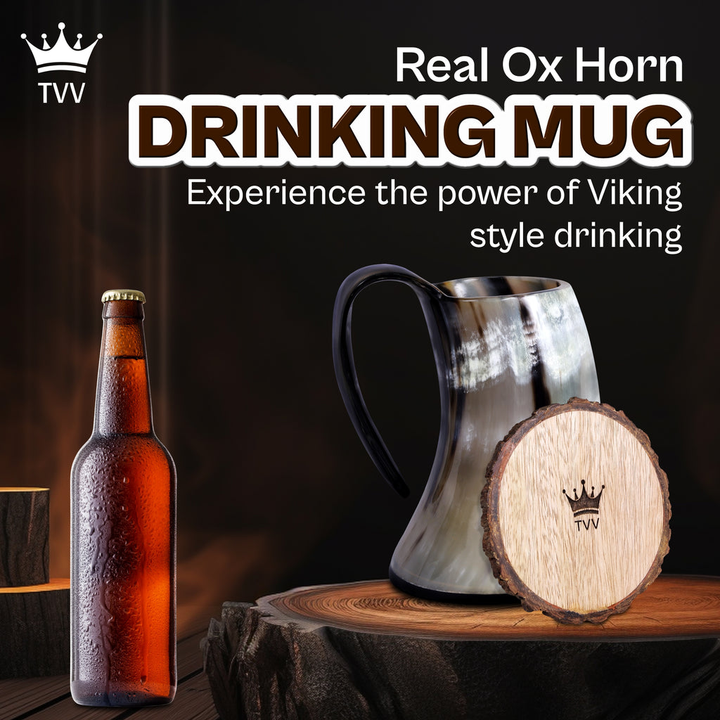 Viking Ox Horn Mug Set with Wooden Comb and Coaster, Groomsmen Gift