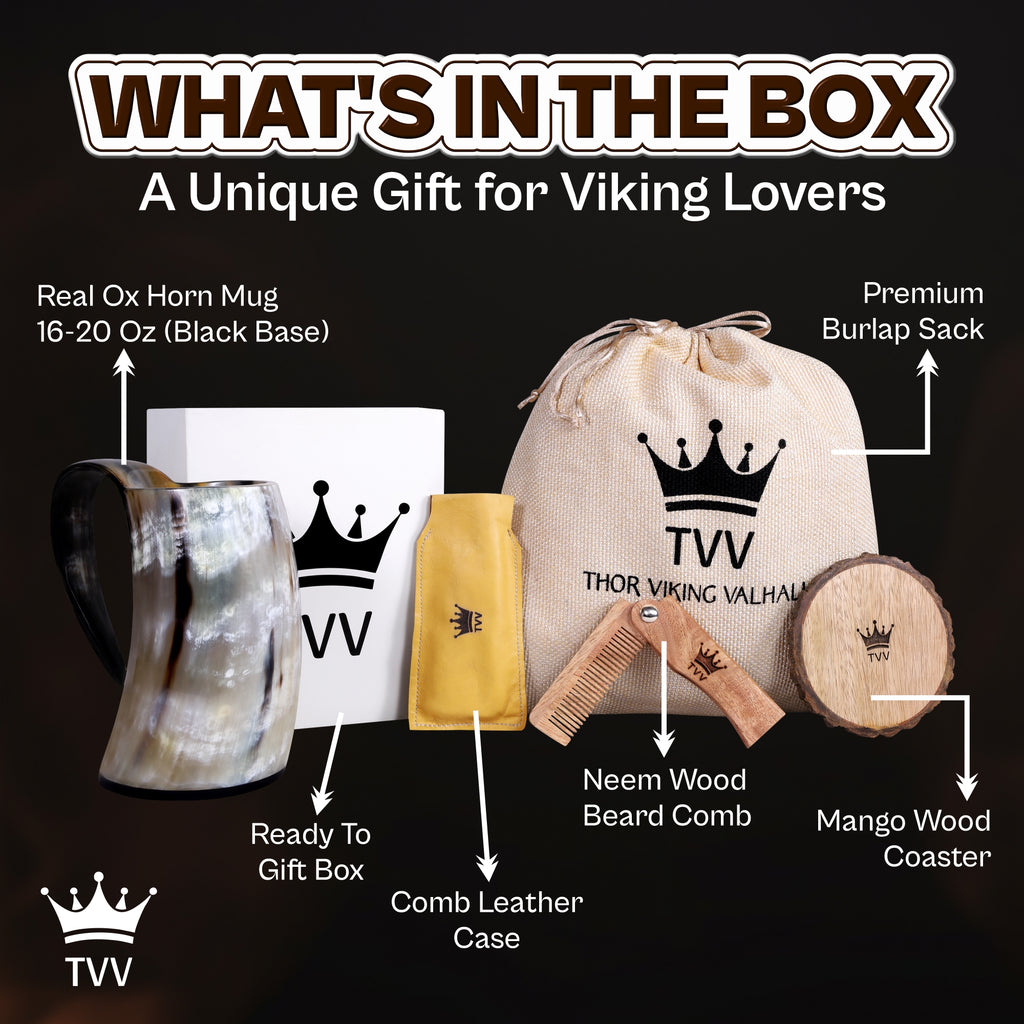 Viking Ox Horn Mug Set with Wooden Comb and Coaster, Groomsmen Gift