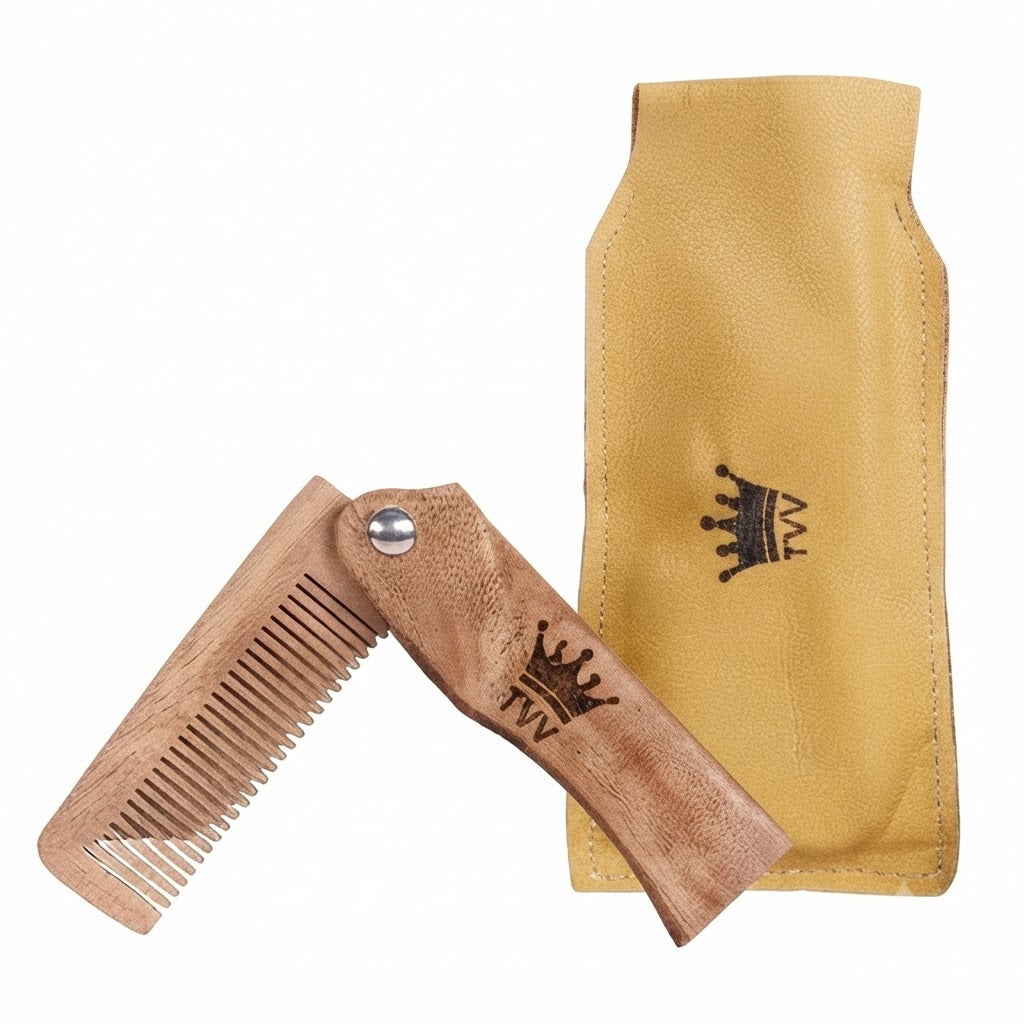 Personalized Engraved Folding Wooden Beard Comb and Leather Case for Men, Grooming Kit Gift