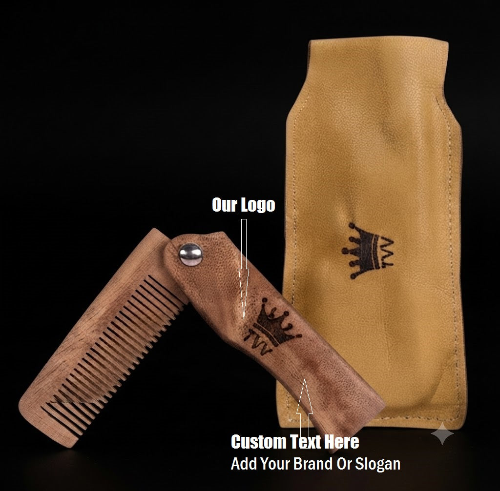 Personalized Engraved Folding Wooden Beard Comb and Leather Case for Men, Grooming Kit Gift