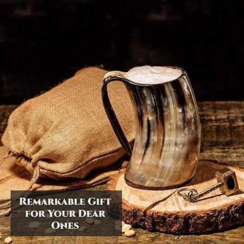 Thor Viking Valhalla Handcrafted Authentic Viking Drinking Horn Mug 600ml for Coffee Beer Mead Ale Real Horn Polished with Burlap