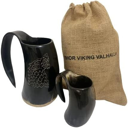 Thor Viking Valhalla Drinking Horn Mug 16oz with Burlap Sack and Shot Mug, Hardwood Bottom and Game of Thrones Dire wolf Engraving