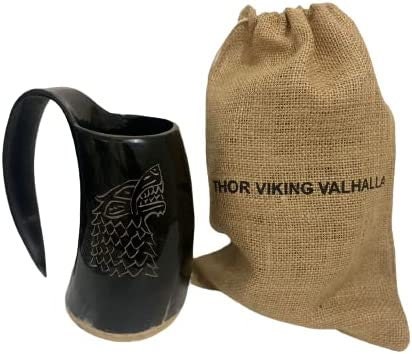 Thor Viking Valhalla Drinking Horn Mug 16oz with Burlap Sack and Shot Mug, Hardwood Bottom and Game of Thrones Dire wolf Engraving