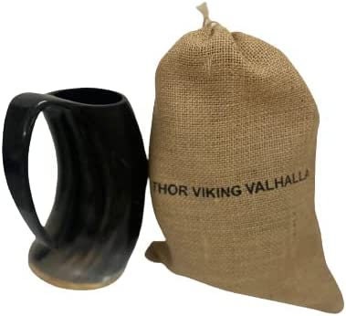 Thor Viking Valhalla Genuine Viking Drinking Horn Mug 16oz with Super-Reinforced Hardwood Bottom Polished with medieval burlap sack