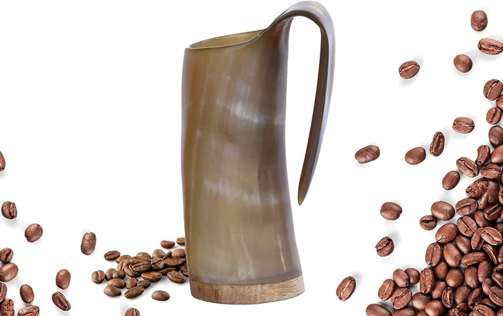 Thor Viking Valhalla Genuine Viking Drinking Horn Mug 16oz with Super-Reinforced Hardwood Bottom Polished with medieval burlap sack