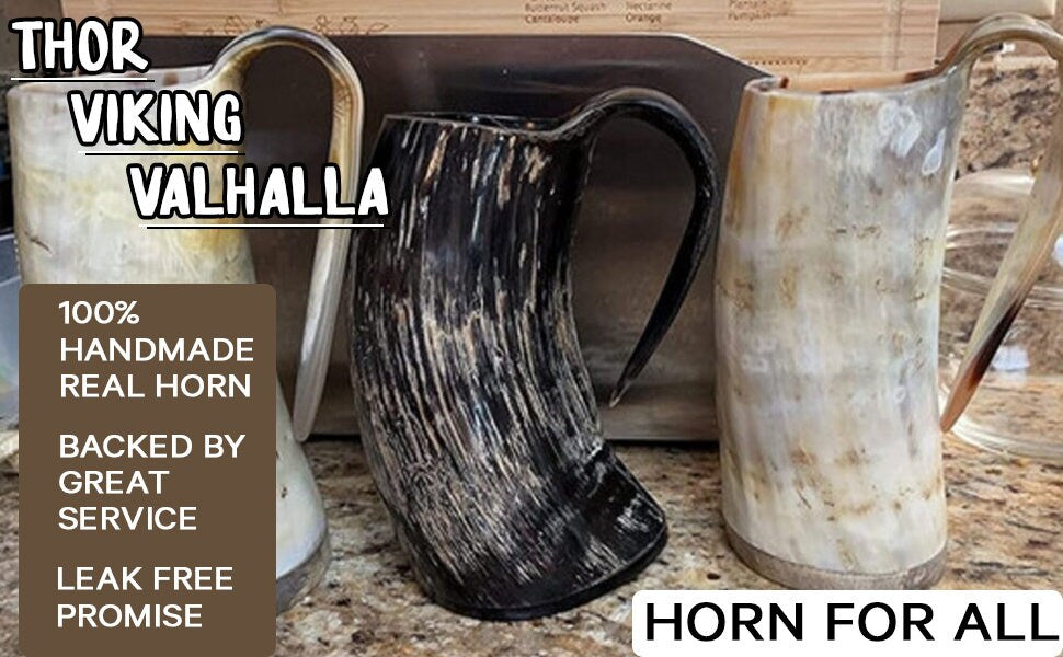 Thor Viking Valhalla Genuine Viking Drinking Horn Mug 16oz with Super-Reinforced Hardwood Bottom Polished with medieval burlap sack