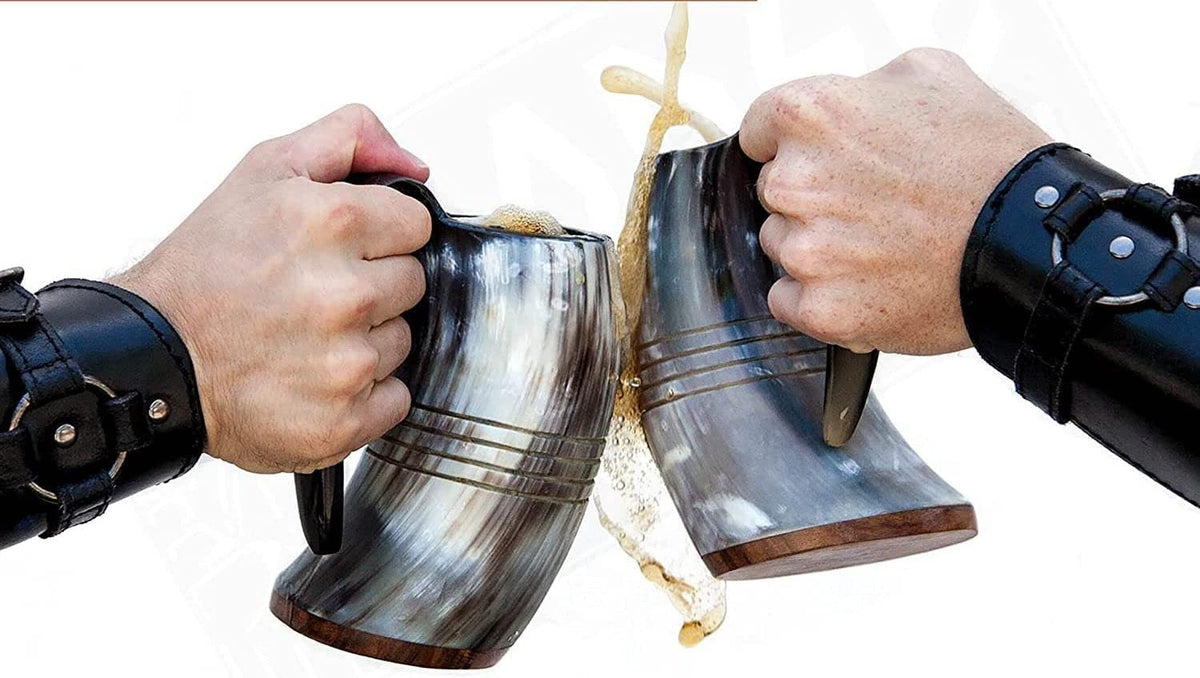Thor Viking Valhalla Genuine Viking Drinking Horn Mug 16oz with Super-Reinforced Hardwood Bottom Polished with medieval burlap sack