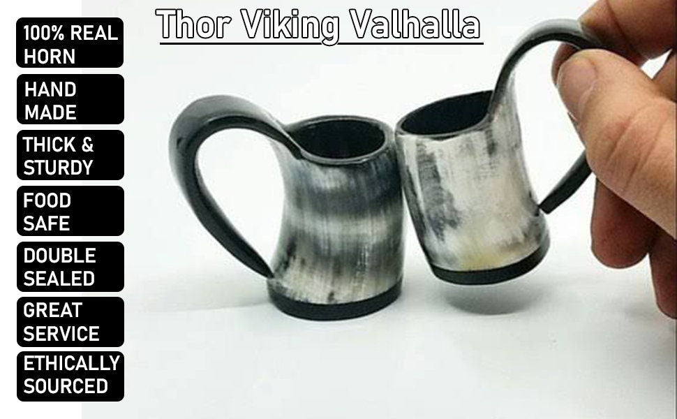 Thor Viking Valhalla Drinking Horn Mug 16oz with Burlap Sack and Free Shot Mug, Hardwood Bottom
