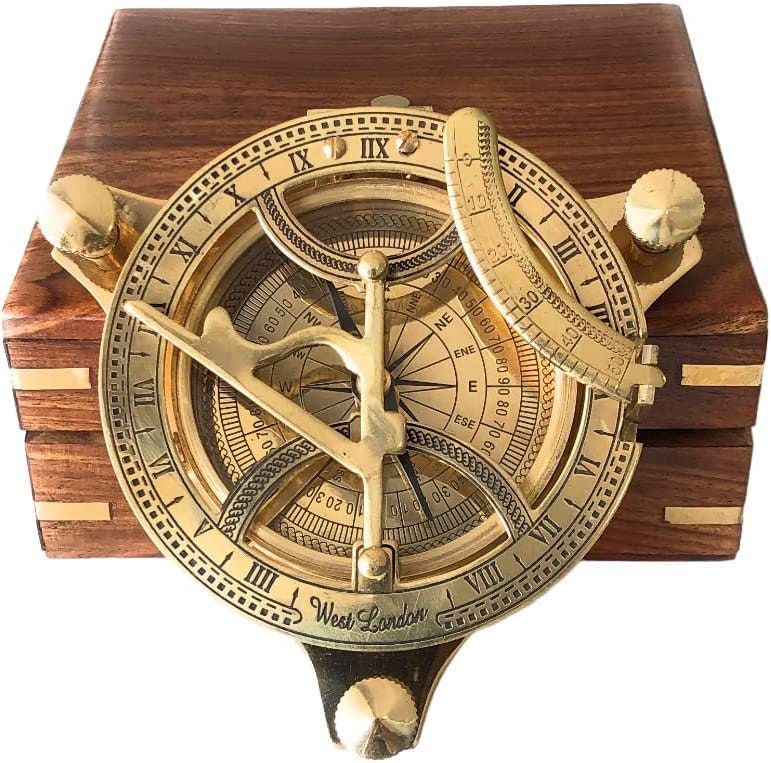 Thor Viking Valhalla 3-inch Sundial Compass Solid Brass Sundial with 4-inch Wooden Box Handmade Gift -Sundial Clock