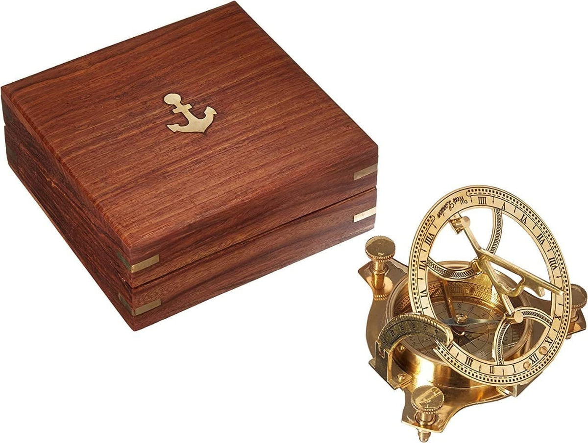 Thor Viking Valhalla 3-inch Sundial Compass Solid Brass Sundial with 4-inch Wooden Box Handmade Gift -Sundial Clock