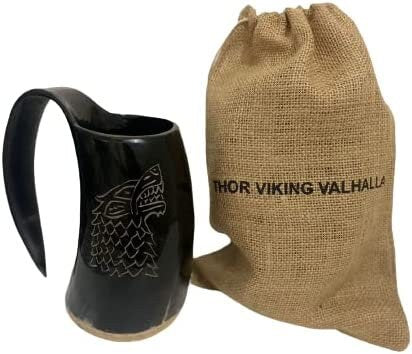 Thor Viking Valhalla Drinking Horn Mug 16oz with Burlap Sack and Shot Mug, Hardwood Bottom and Game of Thrones Dire wolf Engraving
