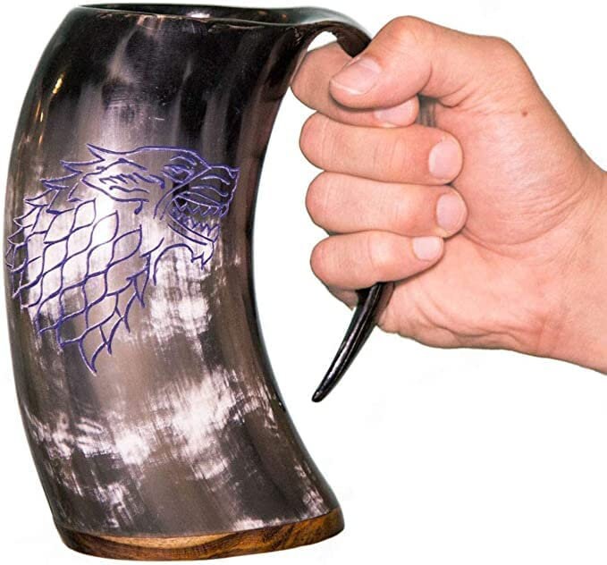 Thor Viking Valhalla Drinking Horn Mug 16oz with Burlap Sack and Shot Mug, Hardwood Bottom and Game of Thrones Dire wolf Engraving
