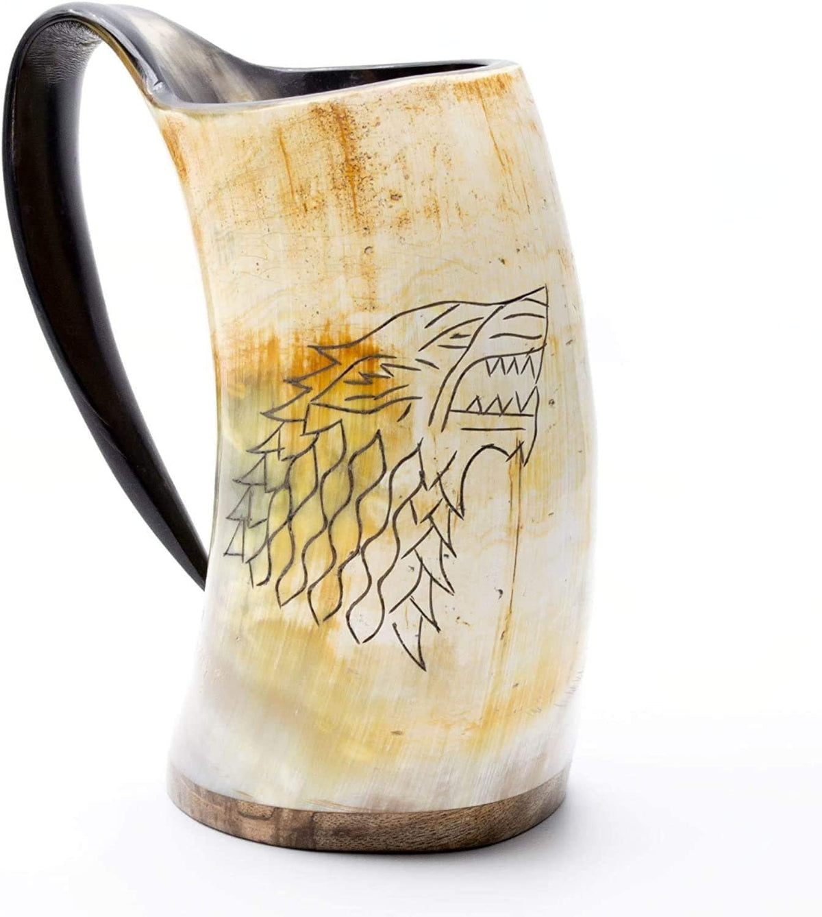 Thor Viking Valhalla Drinking Horn Mug 16oz with Burlap Sack and Shot Mug, Hardwood Bottom and Game of Thrones Dire wolf Engraving