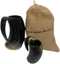 Thor Viking Valhalla Drinking Horn Mug 16oz with Burlap Sack and Free Shot Mug, Hardwood Bottom