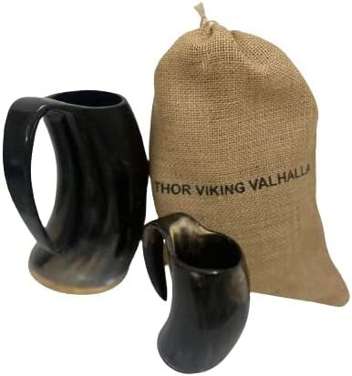 Thor Viking Valhalla Drinking Horn Mug 16oz with Burlap Sack and Free Shot Mug, Hardwood Bottom