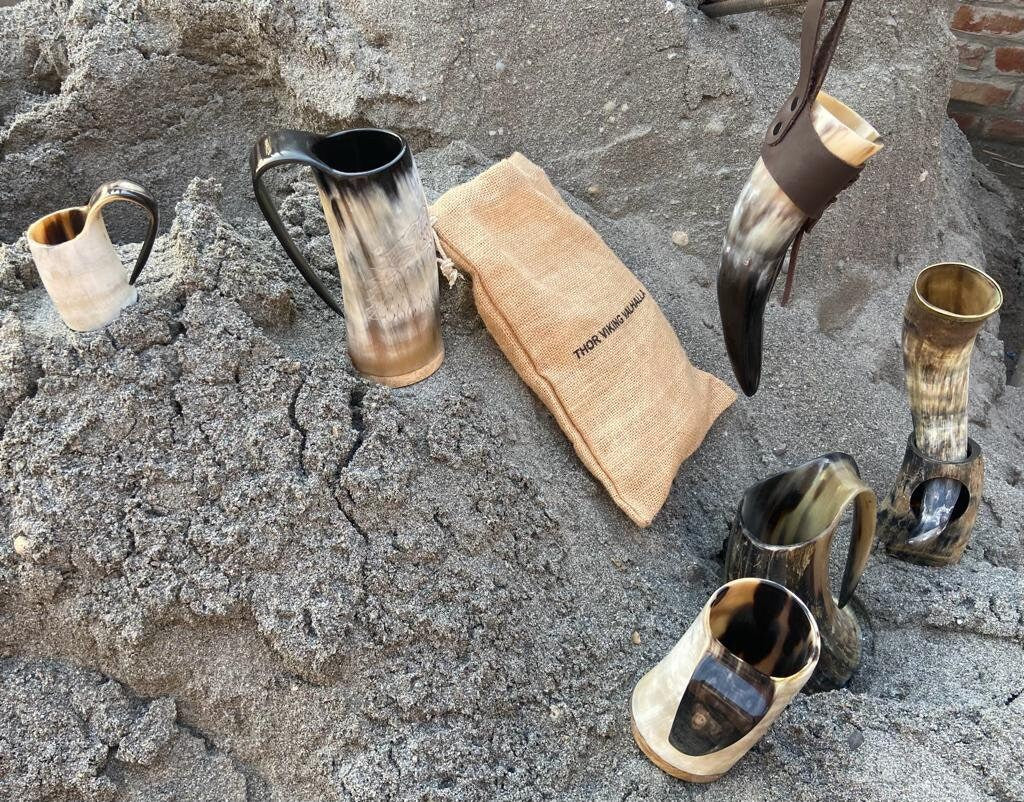 Thor Viking Valhalla Handcrafted Authentic Viking Drinking Horn Mug 600ml for Coffee Beer Mead Ale Real Horn Polished with Burlap