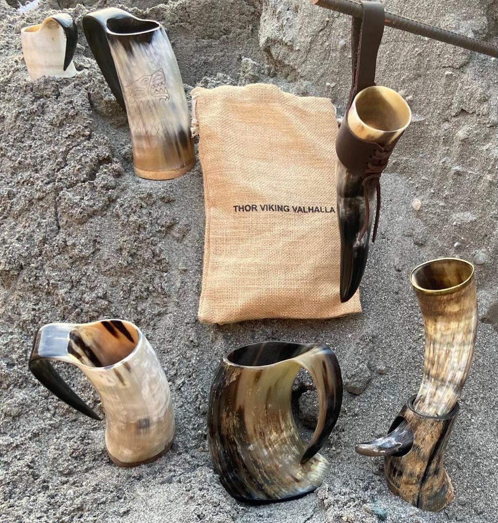 Thor Viking Valhalla Handcrafted Authentic Viking Drinking Horn Mug 600ml for Coffee Beer Mead Ale Real Horn Polished with Burlap