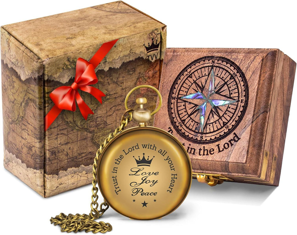 Brass Pocket Compass, Engraved Scripture, Wooden Box, Christian Religious Gift