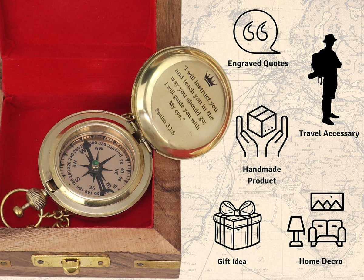 Brass Pocket Compass, Engraved Scripture, Wooden Box, Christian Religious Gift