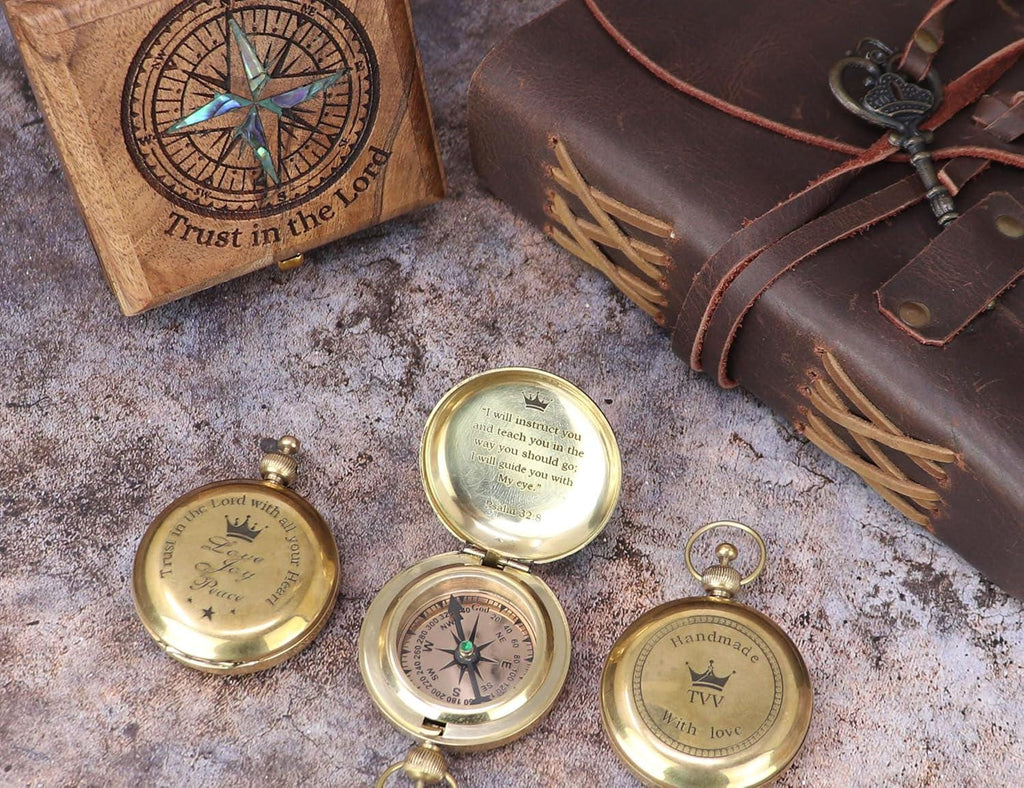 Brass Pocket Compass, Engraved Scripture, Wooden Box, Christian Religious Gift