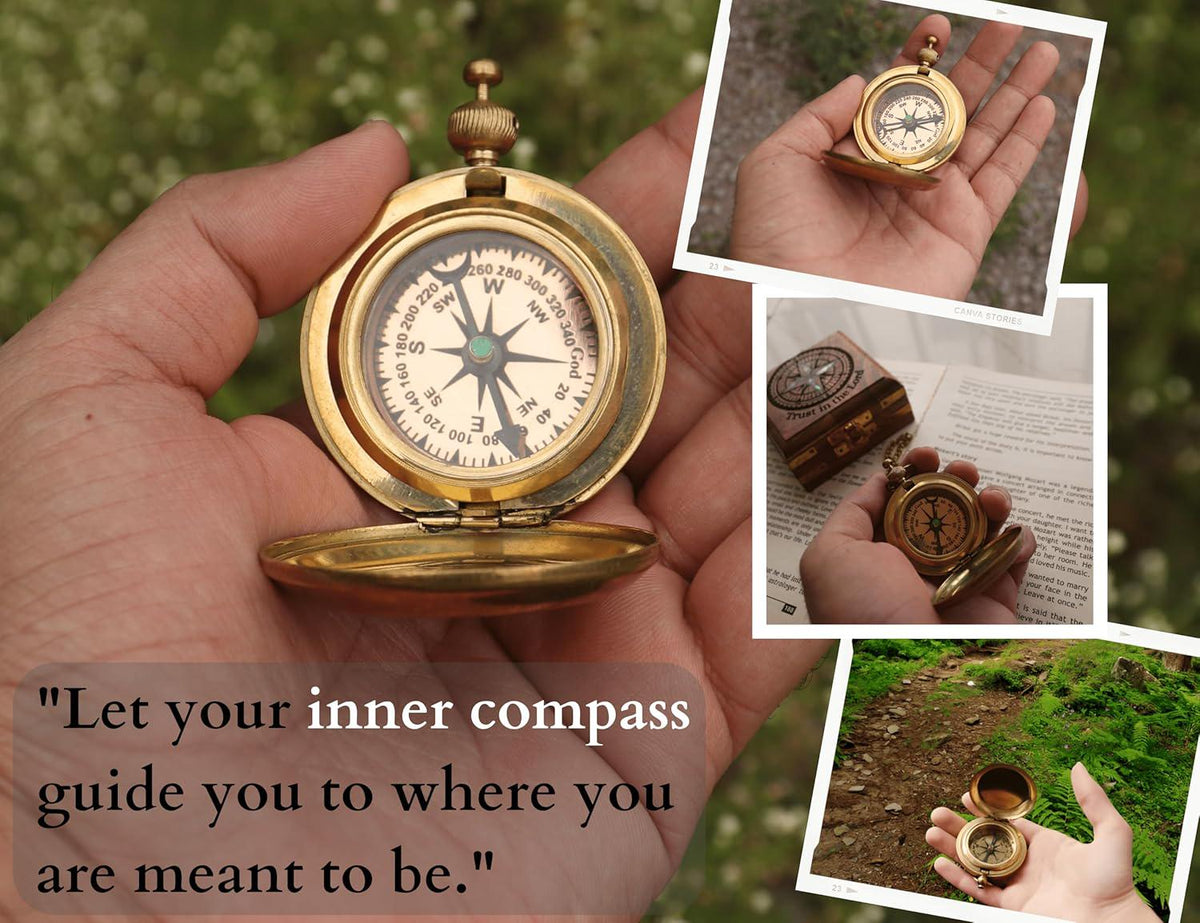 Brass Pocket Compass, Engraved Scripture, Wooden Box, Christian Religious Gift