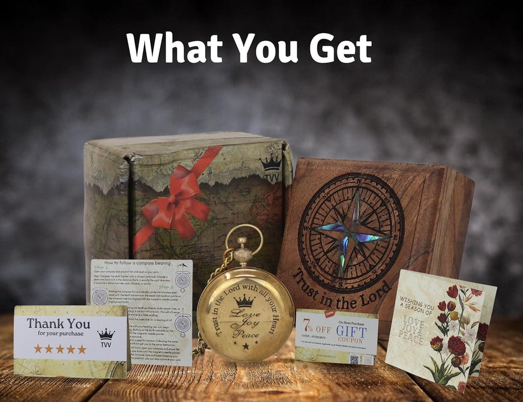 Brass Pocket Compass, Engraved Scripture, Wooden Box, Christian Religious Gift