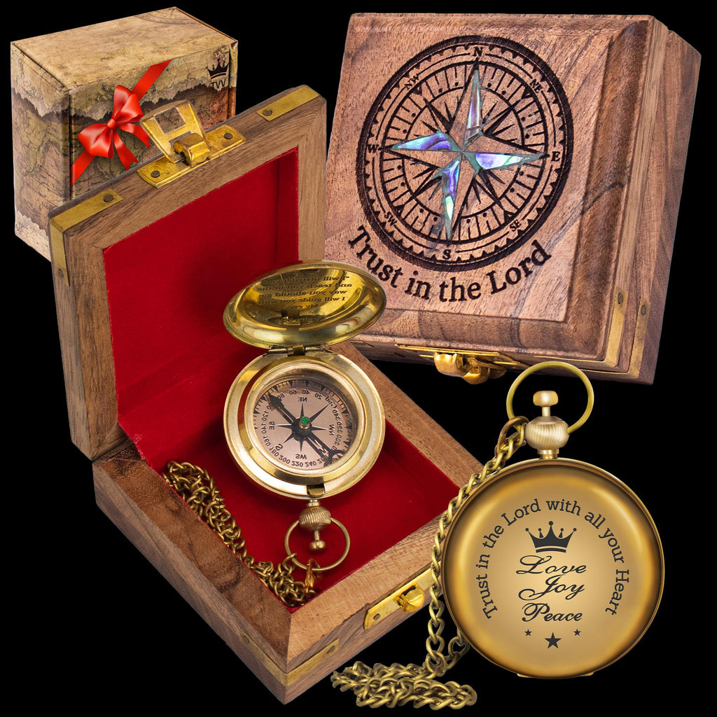 Brass Pocket Compass, Engraved Scripture, Wooden Box, Christian Religious Gift
