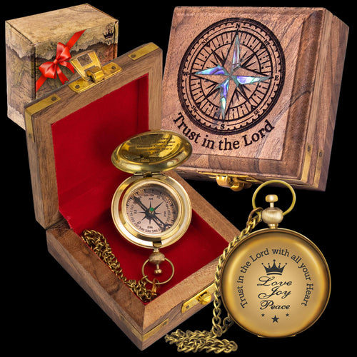 Brass Pocket Compass, Engraved Scripture, Wooden Box, Christian Religious Gift