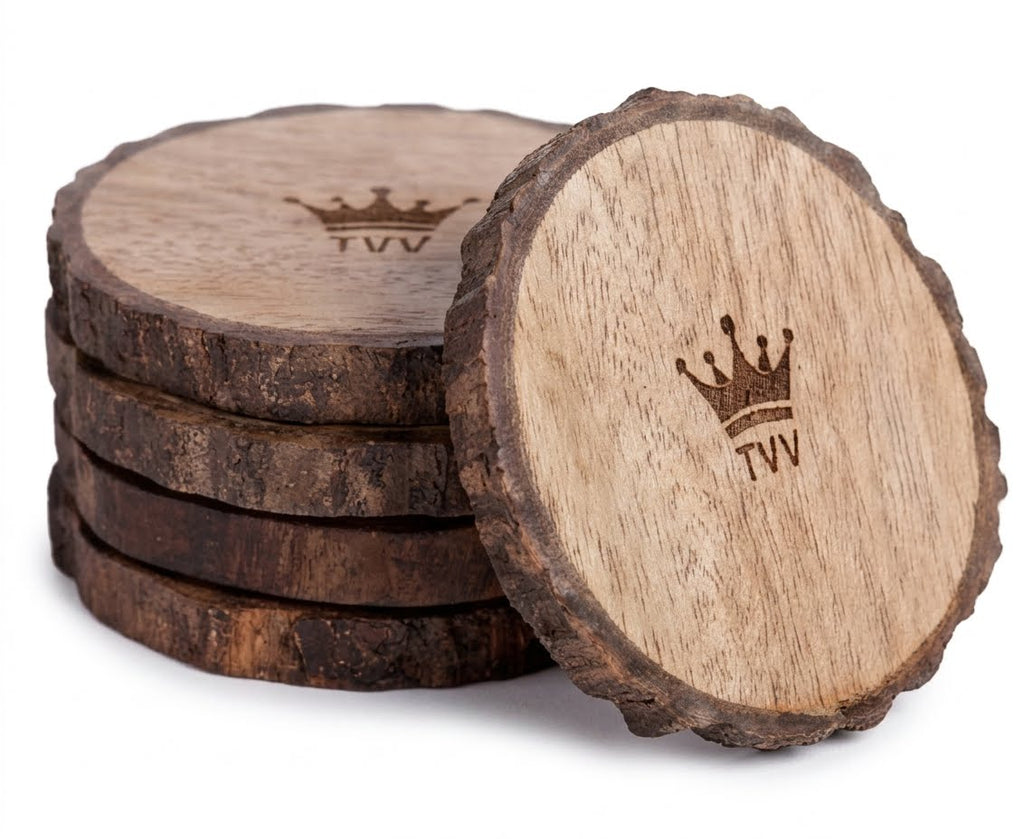 Personalized Mango Wood Coasters Set of 5, Custom Logo & Text Double Sided Coasters, Live Edge Wooden Coaster 1/2 Inch Thick, Gift for Him