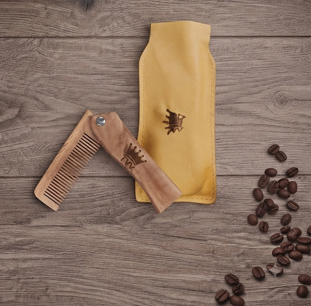Personalized Engraved Folding Wooden Beard Comb and Leather Case for Men, Grooming Kit Gift