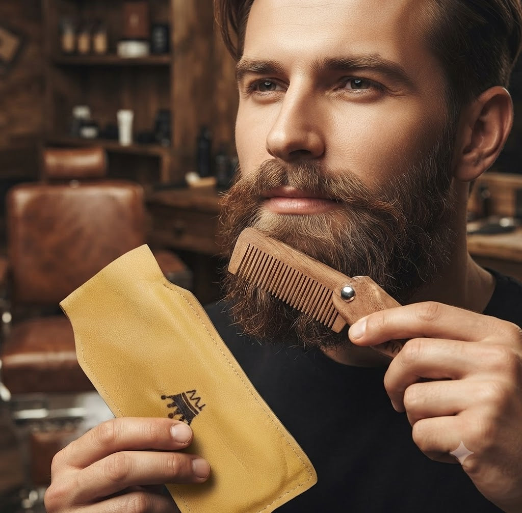 Personalized Engraved Folding Wooden Beard Comb and Leather Case for Men, Grooming Kit Gift