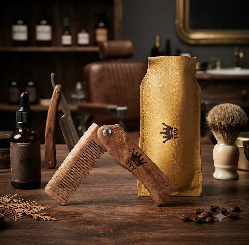 Personalized Engraved Folding Wooden Beard Comb and Leather Case for Men, Grooming Kit Gift