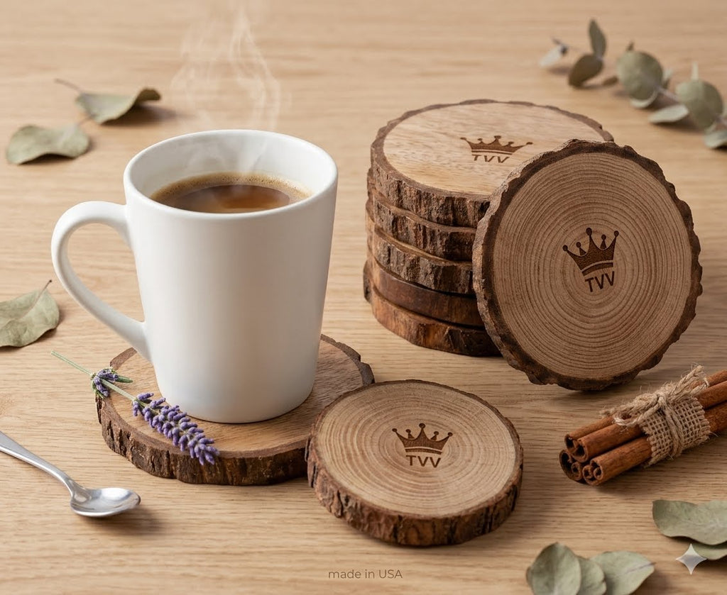Personalized Mango Wood Coasters Set of 5, Custom Logo & Text Double Sided Coasters, Live Edge Wooden Coaster 1/2 Inch Thick, Gift for Him