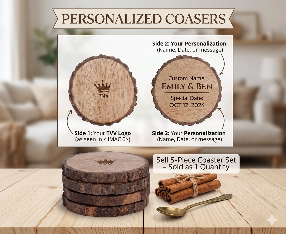 Personalized Mango Wood Coasters Set of 5, Custom Logo & Text Double Sided Coasters, Live Edge Wooden Coaster 1/2 Inch Thick, Gift for Him