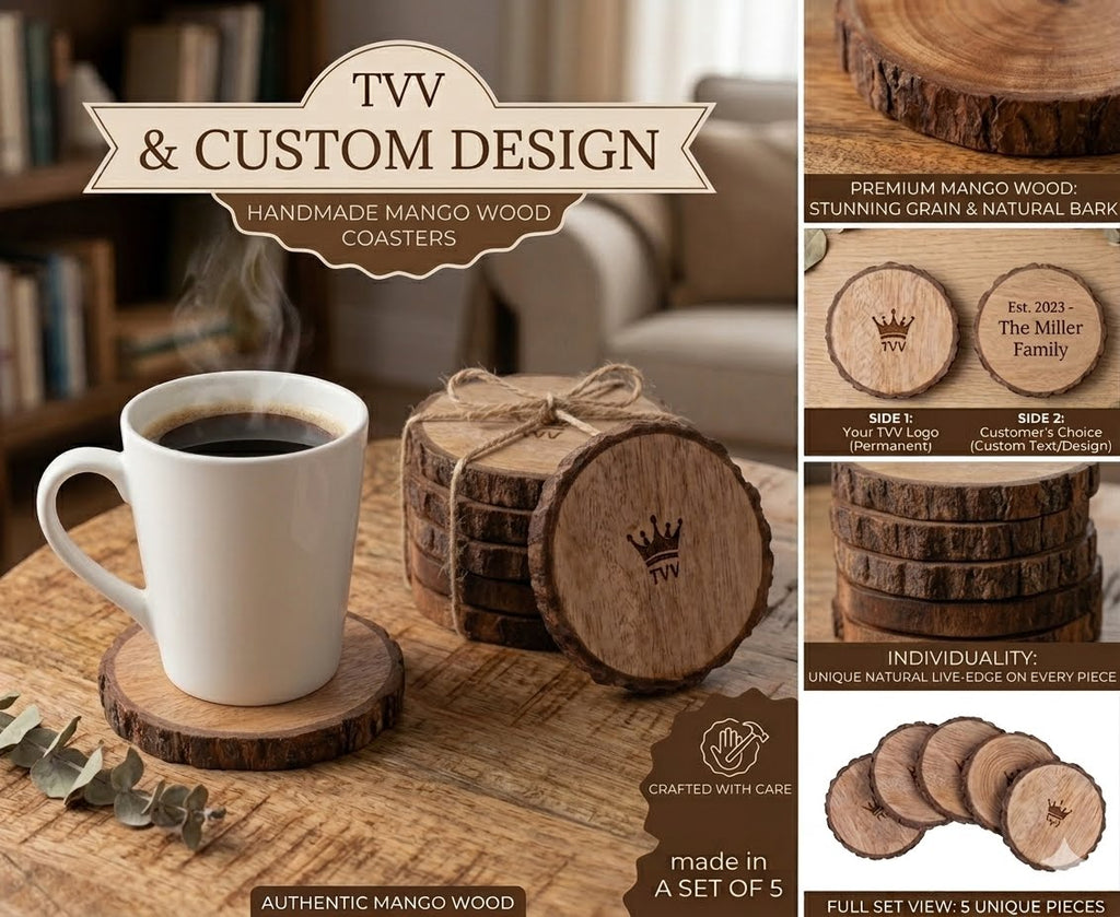 Personalized Mango Wood Coasters Set of 5, Custom Logo & Text Double Sided Coasters, Live Edge Wooden Coaster 1/2 Inch Thick, Gift for Him