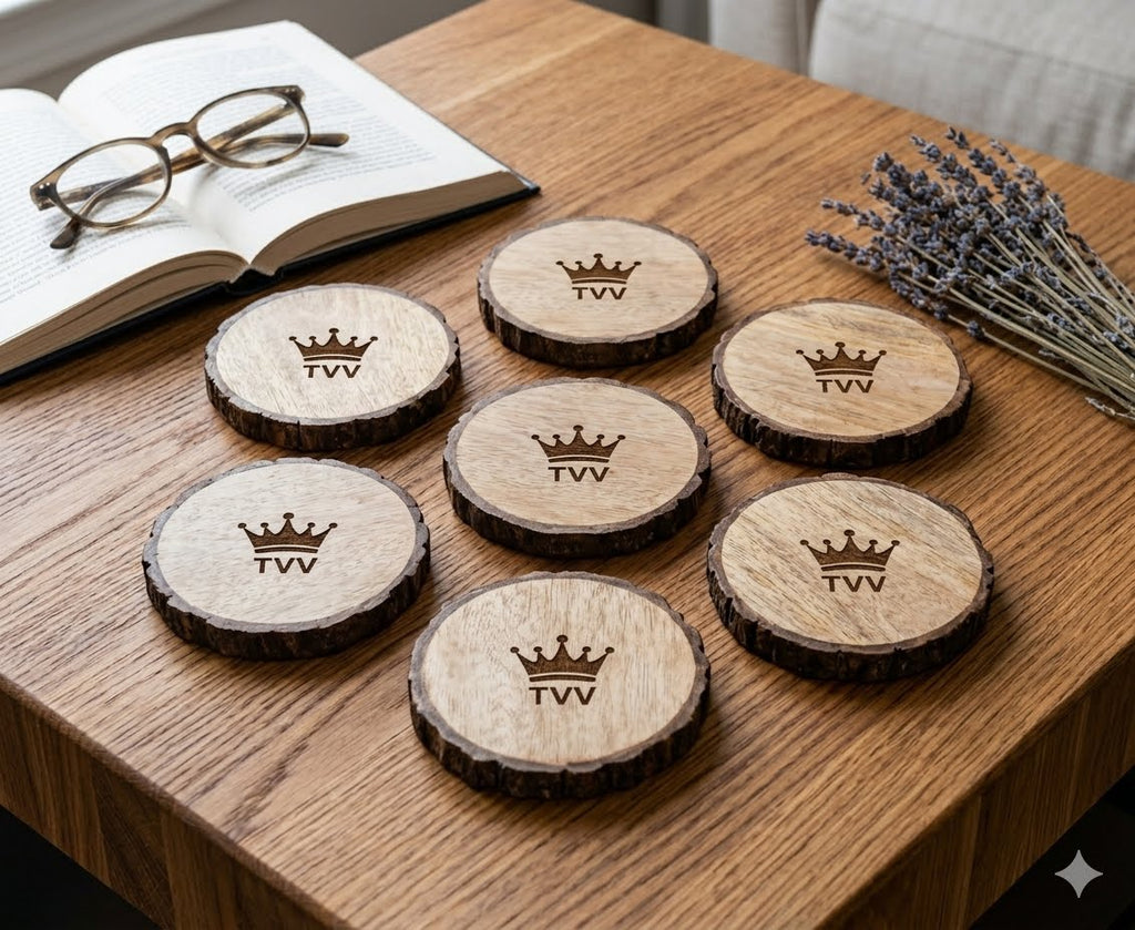 Personalized Mango Wood Coasters Set of 5, Custom Logo & Text Double Sided Coasters, Live Edge Wooden Coaster 1/2 Inch Thick, Gift for Him